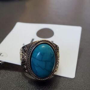 Silver tone blue acrylic stone ring Size 6.25